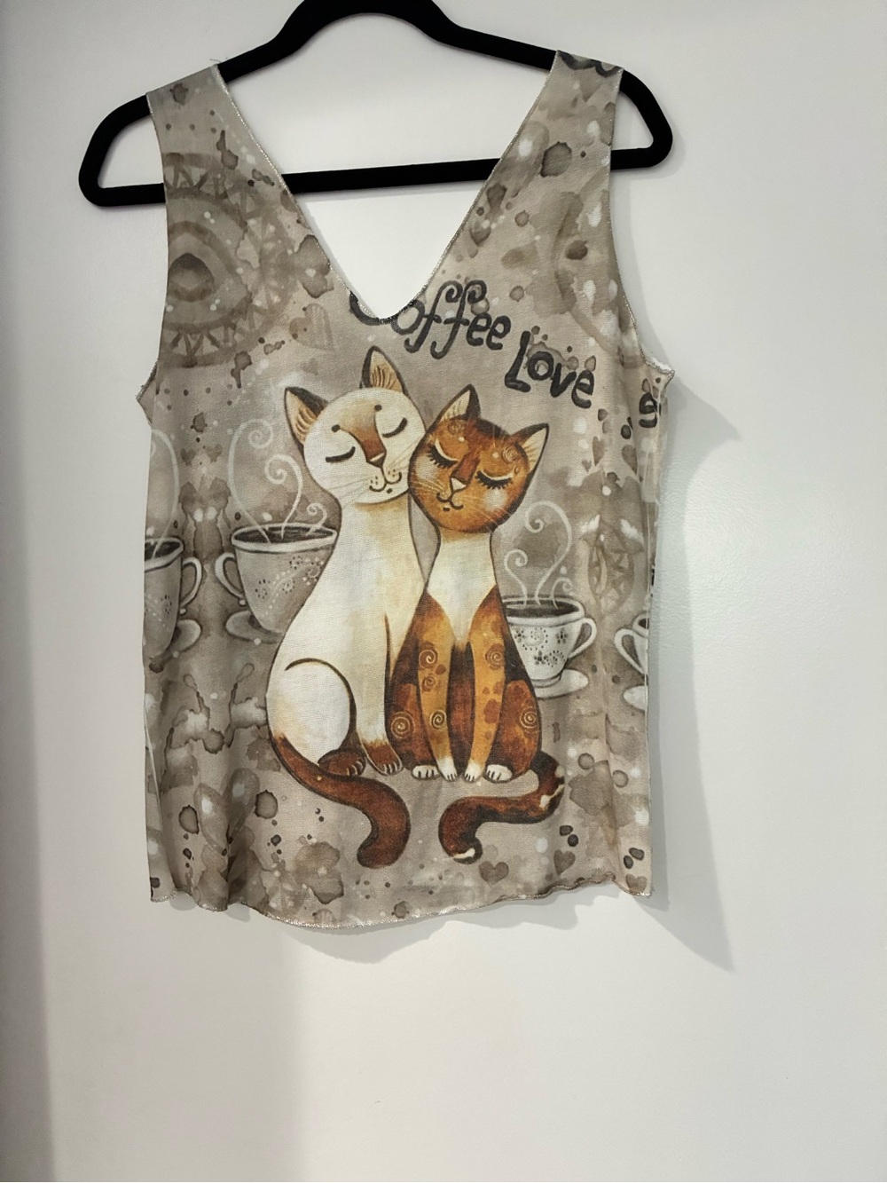 Coffee Love Cat Print Tank Top - Beige/Brown